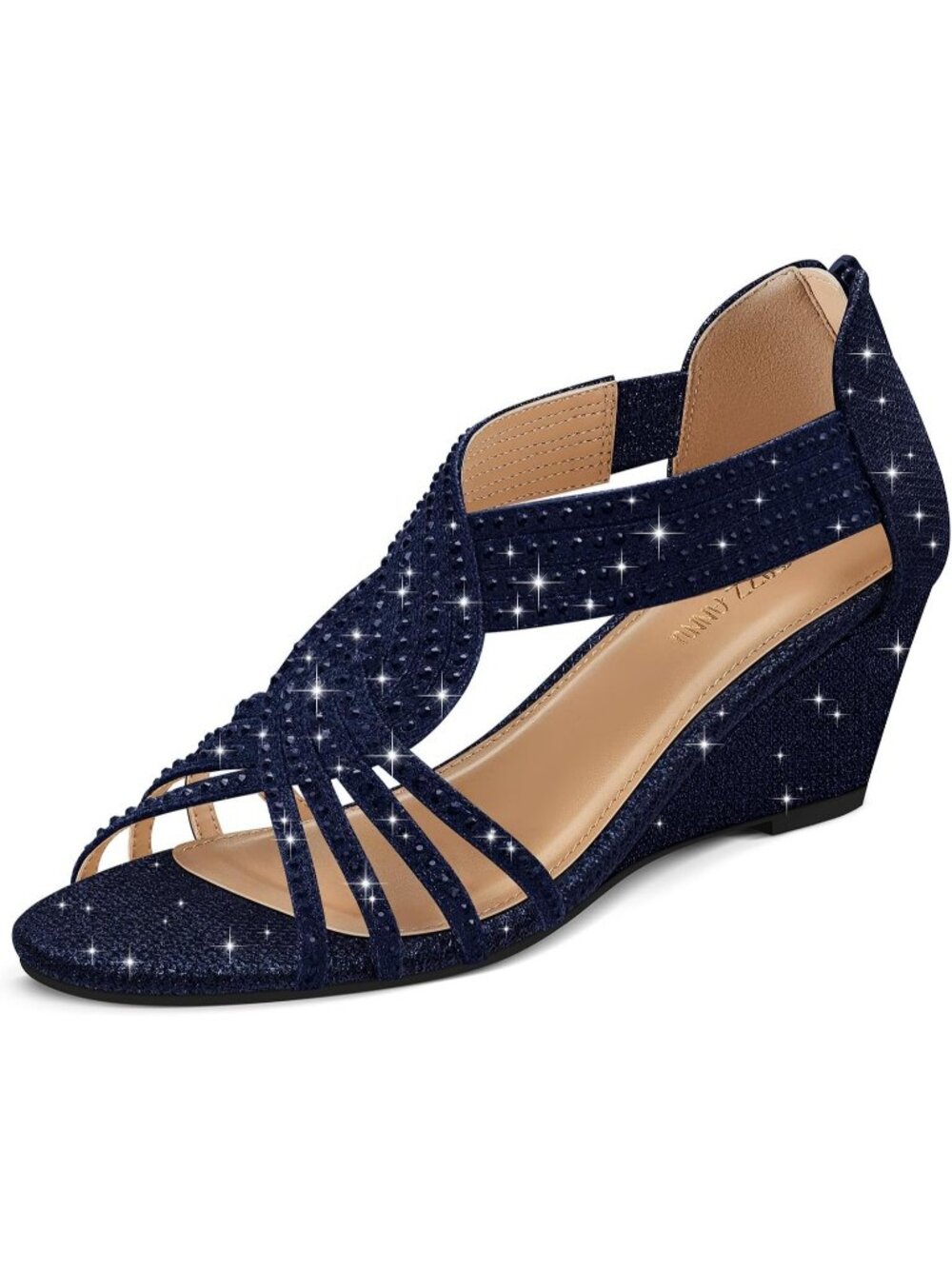 Women's Navy Glitter Rhinestone Sparkle Low Wedge Sandals Open Toe Dress Shoes